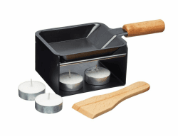 Artesà Mini-Raclette-Grill Einzelset für 1-2 Personen, Metallgestell, antihaftbeschichtete Pfännchen, Holzspatel und 2 Kerzen, Schwarz / Beige