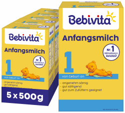 Bebivita 1 Anfangsmilch (5 x 500g), von Geburt an, angenehm sämig & gut sättigend, gut zum Zufüttern
