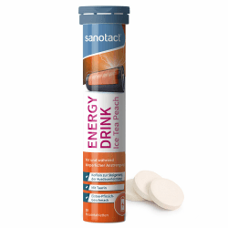 sanotact Energy Drink Brausetabletten Eistee Pfirsich (20 Stück) – Taurin + Koffein + B-Vitamine – Zuckerfrei & Kalorienfrei – Für Energie, Ausdauer & Fokus – Vegan & Laktosefrei