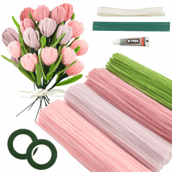 Galerie SV Rosa Tulip Bouquet Pfeifenreiniger Set, 400 Stück Pfeifenputzer zum Basteln 4 Farben Pipe Cleaner mit 20 Stück Grünem Bastelfaden, Geschenkband, Klebeband（Dunkelrosa, Mittelrosa, Hellrosa）