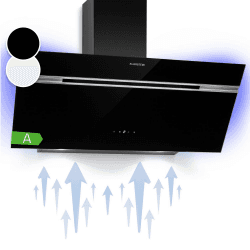 Klarstein Dunstabzugshaube 90cm, Abluft/Umluft-Dunstabzugshaube mit RGB-LEDs, Leistungsstarke Abzugshaube, 600 m³/h Luftstrom, Schräghaube mit Energieeffizienzklasse A, Dunstabzug 90 cm
