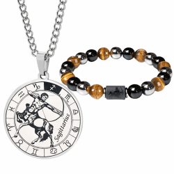 herren Sternzeichen Halskette und Armband Set- Sternbild halskette edelstahl-Münzanhänger-Elastisches Perlenarmband-Geburtstagsgeschenk Schmuck