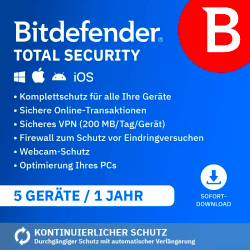Bitdefender Total Security 2025 | 5 Geräte | 1 Jahr | PC/Mac/iOS/Android | Code zur Aktivierung per E-Mail | Automatische Verlängerung