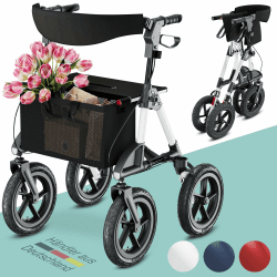 maxVitalis Rollator faltbar und leicht mit Sitz, Outdoor Rollator mit Luftbereifung inkl. Sitzfläche, Rückengurt, höhenverstellbare Gehhilfe aus Aluminium inkl. Tasche und Stockhalter Weiß