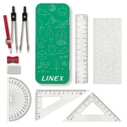 Linex Geometrie-Set, mit Zirkel, Bleistift, Radierer, Spitzer, Winkelmesser, Geodreieck, Lineal und Aufbewahrungsetui-Metallbox