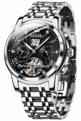 OUPINKE Herrenuhren Automatik Skelett Mechanische Armbanduhr mit Diamanten Tourbillon Wasserdicht Luminous Tag Datum Schwarz Edelstahlarmband