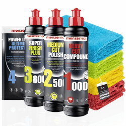 Menzerna Auto Polituren Set: Heavy Cut Compound 1000 + Medium Cut Polish 2500 + Super Finish Plus 3800 + Power Lock Sachet 20ml + 4X Mikrofasertuch