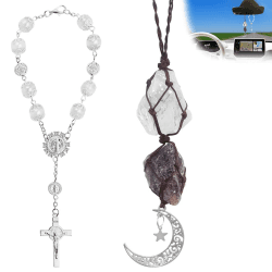 2 Stück Rückspiegel Zubehör, AFUNTA Mond Stern Amethyst Auto Spiegel Hängendes Zubehör Rosenkranz Perlen Katholisches Kreuz Auto Zubehör Wohnkultur