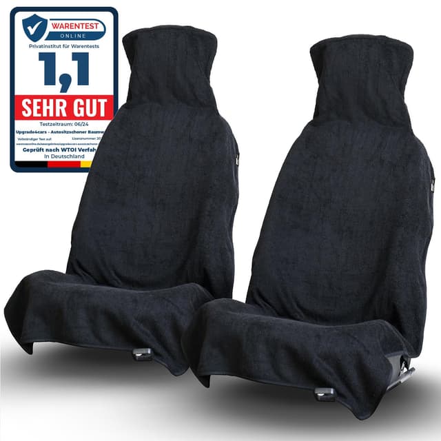 2 x Frottee Autositzschoner für Vordersitze | Fahrersitz Schonbezug aus Baumwolle in Schwarz | Handtuch Autositzauflage für Sport, Arbeit, Sommer & Winter