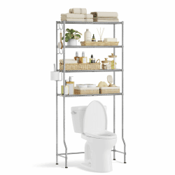SONGMICS 4-stöckiges Toilettenregal, Badezimmerregal, Waschmaschinenregal, verstellbare Ablagen, mit Haken, Toilettenpapierhalter, platzsparend, 30 x 83 x 176 cm, Taubengrau BTS023G01