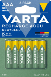 VARTA Batterien AAA, wiederaufladbar, 6 Stück, Recharge Accu Recycled, Akku, 800 mAh Ni-Mh, aus 21% recyceltem Material, vorgeladen, sofort einsatzbereit