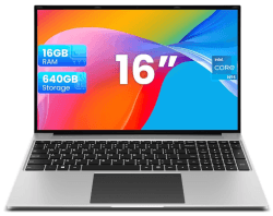 jumper Laptop 16 Zoll, 16 GB RAM 640 GB ROM, Notebook Bis zu 3,4 GHz, 4-Core N95 Prozessor, PC mit Nummerntastatur, Stereo Lautsprecher, WiFi, HDMI, 38Wh Akku, 1200p FHD IPS Display