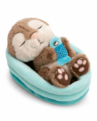 NICI Kuscheltier Otter mit Fisch 12cm schlafend im Körbchen - grau