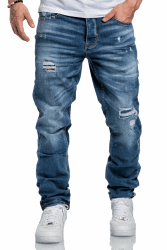 Amaci&Sons Herren Jeans Regular Straight Fit Denim Hose Destroyed 7984 32W / 32L Hellblau (Patches) 🌟