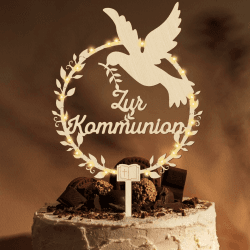 Giftota Cake Topper zur Kommunion aus Holz mit LED Lichterkette