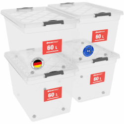 ATHLON TOOLS 4x 60 L Aufbewahrungsboxen mit Deckel, lebensmittelecht - Verschlussclips - 100% Neumaterial Plastik-Box transparent - Kleiderboxen stapelbar