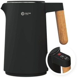 BALTER Edelstahl Wasserkocher mit Temperatureinstellung, 45°C-100°C, Doppelwand, BPA frei, leise & kabellos, Warmhaltefunktion, Teekocher mit Temperaturanzeige, 1.5L, 2200W, Schwarz