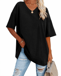 Ebifin Damen Oversize T-Shirt mit V-Ausschnitt 😍 Kurzärmeliges Casual Lockere Basic Sommer Tee Shirts Bluse. XXL Schwarz