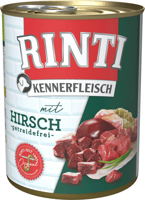 🐕🥩 RINTI Kennerfleisch Hirsch 12 x 800 g - Hochwertiges Hundefutter mit natürlichen Fleischstücken