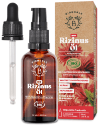 Bionoble Rizinusöl Bio 50ml - 100% Rein, Natürlich, Kaltgepresst - Wimpern, Augenbrauen, Haare, Bart, Nägel - Vegan und Cruelty Free - Castor Oil - Glasflasche + Pipette + Pumpe