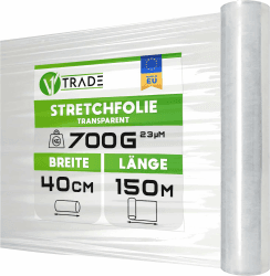 🌟 V1 Trade Stretchfolie Transparentfolie für Möbel 🛋️ - Hand-Umzugfolie 150m x 40 cm 📦 - Stretchfolienrolle Transparentfolie 23my - Verpackungsfolie auf Rolle - Wickelfolie - Umzugsfolie Dehnung 250% 🚚
