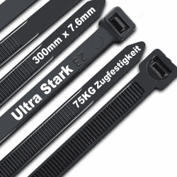 🔗 Kabelbinder Schwarz 300 mm x 7,6 mm, UV-Beständig ultra stark Kabelbinder mit 75 kg Zugfestigkeit, 100 Stück 🔗