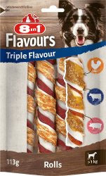 🐶 8in1 Triple Flavour Rolls Kaustangen für Hunde - Kausnacks mit extra viel Fleisch, 113g Beutel (3 Stück)