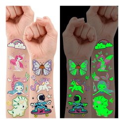 Leuchtende Kindertattoos für Kindergeburtstag | 140 Stück Sticker 🦄🦖🧜‍♀️🚀