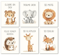 LAVEMA Affirmationsposter Kinder | Bilder Kinderzimmer DIN A4 (21x30cm) 🦁🐘🐼 Poster Set | Wanddeko Babyzimmer Deko