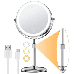 🌟 Gospire Wiederaufladbar Kosmetikspiegel mit Licht, 1X/10X Vergrößerung, 3 Farben Dimmable & Höhenverstellbar 7" Schminkspiegel, 360°Schwenkbar Doppelseitiger LED Make-up Spiegel, Chrom 🌟