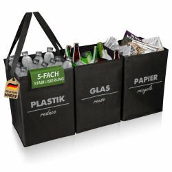 🌟 COTTARA® Mülltrennsystem 3fach faltbar mit 5fach Stabilisierung 🌿 | Recycling Behälter aus robustem Material | Mülltrenner, Pfandflaschen Aufbewahrung | Altpapier Sammelbehälter Schwarz