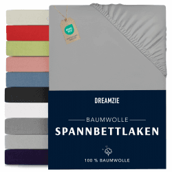 Dreamzie - Spannbettlaken 140 x 190/200 cm, Grau, 100% Jersey-Baumwolle