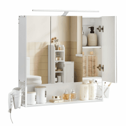 VASAGLE Badezimmerschrank mit LED-Beleuchtung, 14,5 x 70 x 70 cm, Stecker, Hängekorb, Haartrockner-Halter, Spiegelschrank, Badschrank, Wandschrank, für Badezimmer, wolkenweiß BBK124W14 ⭐️