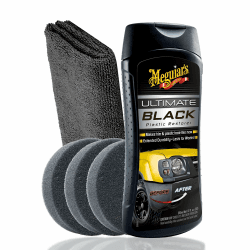 🚗🌟 Auto Kunststoff Auffrischer Set für Innen und Außen | Meguiar's Ultimate Black Plastic Restorer + 3x Applikator Pad + Poliertuch