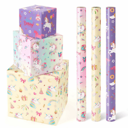 WERNNSAI Einhorn Geschenkpapierrollen–3 Rollen 43 x 305 cm 🦄🎂🌈