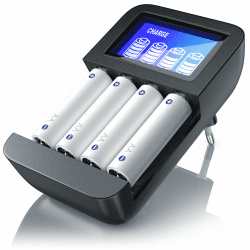 CSL - Universal Akku Ladegerät - Typ AA oder AAA NiMH 🌟 Mikroprozessorgesteuertes Laden 🚀 4X Ladeschächte - einfache Handhabung - LCD-Display - schwarz