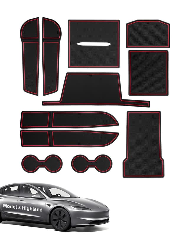 LANGBEAN Antirutschmatten für Tesla Model 3 Highland 2024 2025, 11 Stück Gummimatten für Mittelkonsole, Ablagefach, Becherhalter, integrierter Türschlitz, Armlehnenkasten, Schwarz & Rot 🚗🔴