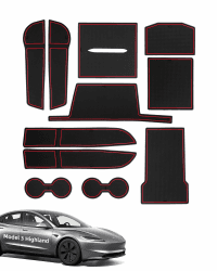 LANGBEAN Antirutschmatten für Tesla Model 3 Highland 2024 2025, 11 Stück Gummimatten für Mittelkonsole, Ablagefach, Becherhalter, integrierter Türschlitz, Armlehnenkasten, Schwarz & Rot 🚗🔴