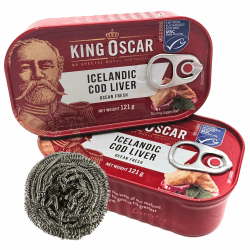 Angebot: 12 x King Oskar Dorschleber | Cod liver aus Island, Fisch Konserven (12 x 121g netto) + esnado Edelstahl Spiraltopfreiniger Gratis 🐟🌟