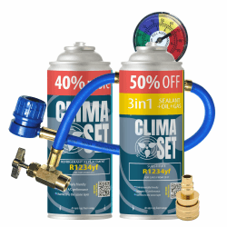 ClimaSet 3in1 R1234yf Kältemittel Ersatzgas - Kühlmittel Klima Auto mit Klima Dichtmittel und Öl - Gasflasche 2x235 g Auto Klimaanlage Nachfüllset