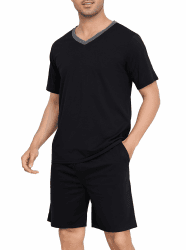 Wikoan Herren Schlafanzug Kurz Pyjama Baumwolle V-Ausschnitt Nachtwäsche Sommer Pyjama Set Kurzarm T-Shirt mit Shorts Zweiteilig Set S-XXL Schwarz L 🌙