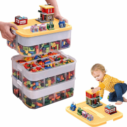 HAMON Kinder Aufbewahrungsbox mit Deckel, 3 Stufen Stapelboxen Transparent Bausteine Boxen Aufbewahrung Kunststoff Bausteine Aufbewahrungsboxen Trennbare Kinder Spielzeugkiste (Gelb) 🌈🧩