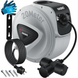 MASKO® Automatik Kabeltrommel Verlängerungskabel 20m mit 3-Fach Anschluss 180° drehbar 1,5m Zuleitung Wandhalterung Werkstatt Kabelaufroller Automatisch Stromtrommel Schlauchaufroller Inkl. Handschuhe 20M Grau / Schwarz 🛠️⚡