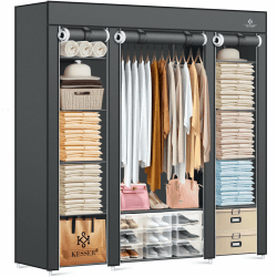 🌟 KESSER® Kleiderschrank Stoffschrank Stabil mit Kleiderstange & Ablagen 150x45x175cm Anthrazit 🌟