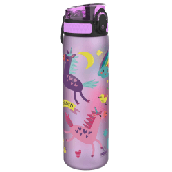 ion8 Trinkflasche 500 ml 🌈 Auslaufsicher Einhandöffnung Sichere Verriegelung Spülmaschinenfest BPA-frei Tragegriff Klappdeckel Leicht zu Reinigen, Klimaneutral, Flieder Einhorn Single Recyclon Flieder