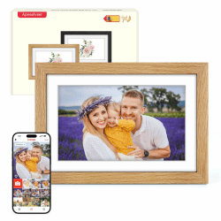 Digitale Bilderrahmen Holz WLAN mit 32GB Speicher, 10.1 Zoll Elektronischer Bilderrahmen 1280*800 IPS Touchscreen 🌟📸