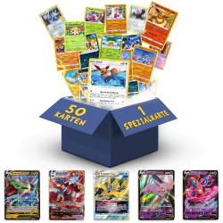 Pokemon Karten deutsch 50 Verschiedene Original Pokemon | 1 V, VMAX, VSTAR, EX | 3X Holo | 1x Rare | 1 zufällige Pikachu, Evoli, Dedenne aktuelle Sets + 1 Heartforcards® Toploader 3 Holos