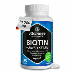 Biotin hochdosiert 10.000 mcg + Selen + Zink für Haarwuchs, Haut & Nägel - 365 vegane Tabletten