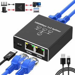 🔌 Ethernet Splitter 1 auf 3, Gigabit Netzwerk Splitter 1000Mbps RJ45 LAN Splitter mit USB-C Stromkabel
