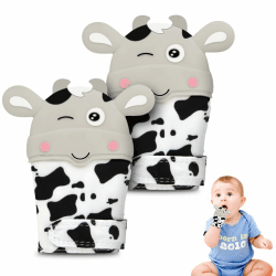 👶🦷 HOTUT Baby Beißhandschuhe, 2 Stück Beißringe Baby Spielzeug, BPA-frei, Tiermotive, Sensorische Fäustling Beißspielzeug Zahnungshilfe, Zahnen & Greifling für 0-6 Monate Babys (Grau-Kalb) 🐄
